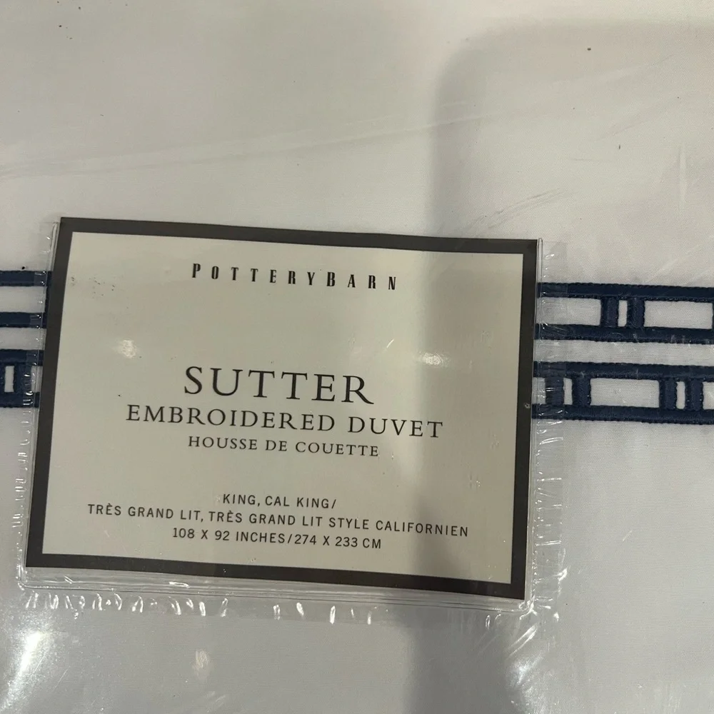 Pottery Barn Sutter Ink Blue Contemporary Embroidered Bed Duvet King California